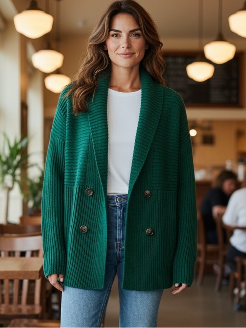 Lauren Ralph Lauren Green Ribbed Shawl-Collar Cardigan Double Breasted SZ L EUC - Picture 2 of 13